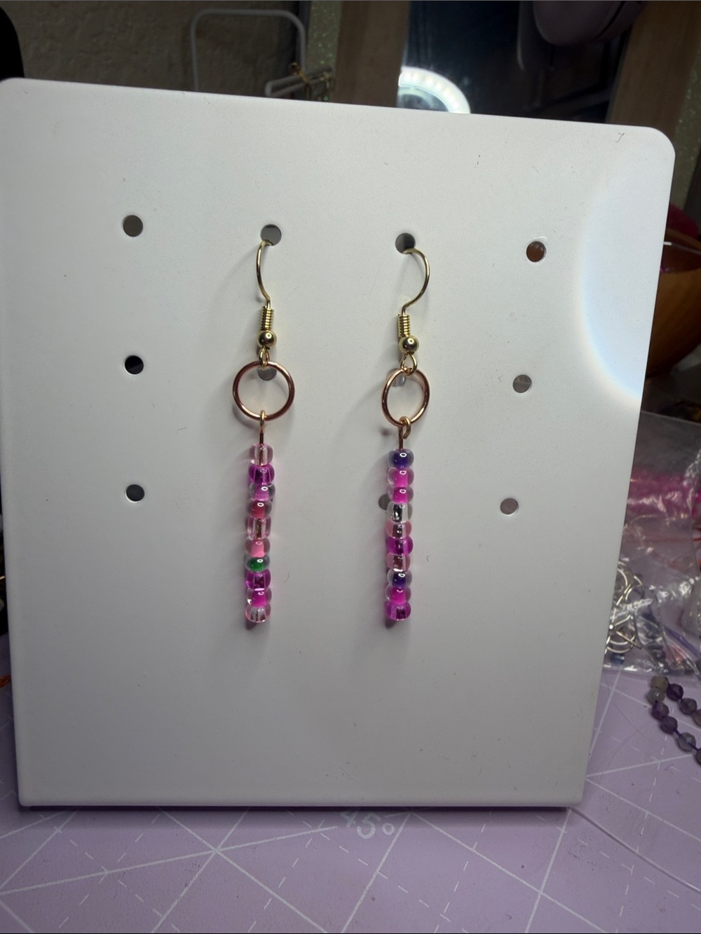 Delicate Pink Beaded Drop Earrings with Gold Hoops